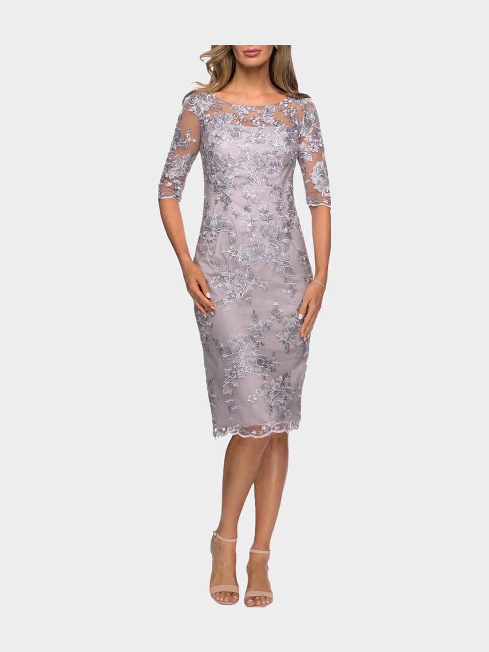 $429 La Femme Lavender Gray Embroidered Tea Length Sheath Dress 6 NEW